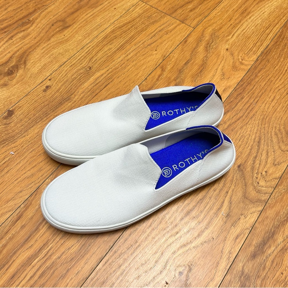 Rothy's White Slip-On Sneakers with Blue Insole and Trim